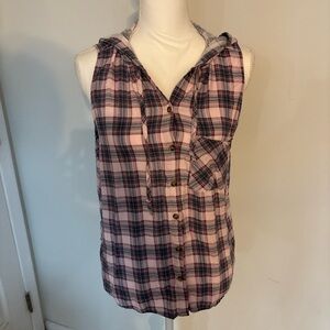 Polly & Esther Sleeveless Plaid Hooded Button Front Top XL